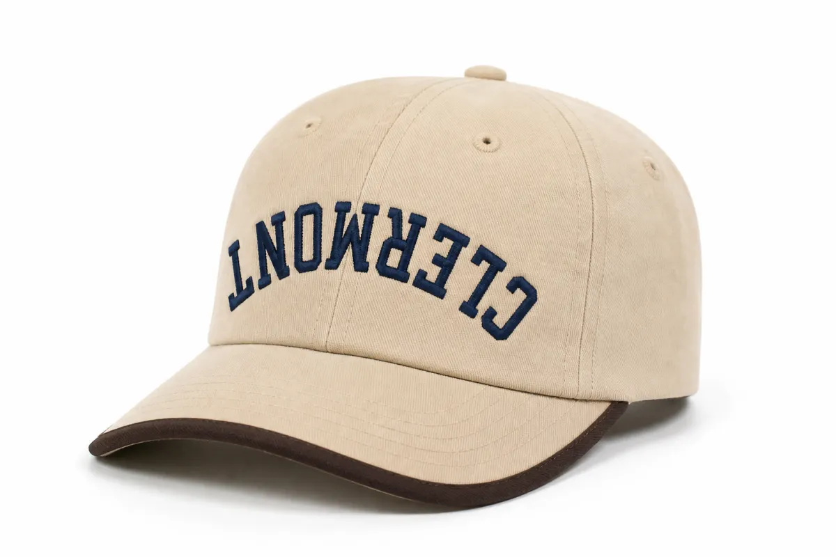 Khaki hat with upside-down CLERMONT embroidery